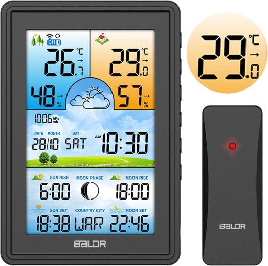 Stație meteo digitală cu senzor wireless și timp DCF – negru