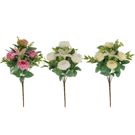 Buchet artificial cu trandafiri și crini 43 cm, mix de culori