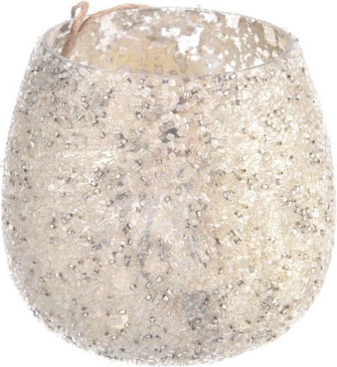 Suport de lumânare din sticlă cu mărgele, în culoare argintie, 7 × 7 × 8 cm