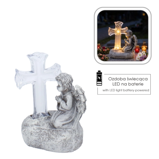 Decorațiune LED solară pentru mormânt cu înger care se roagă și cruce, 16 cm