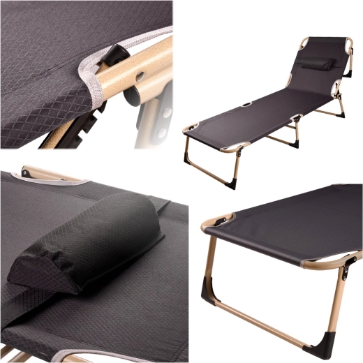 Pat pliant de camping cu spătar reglabil, 193 cm, gri