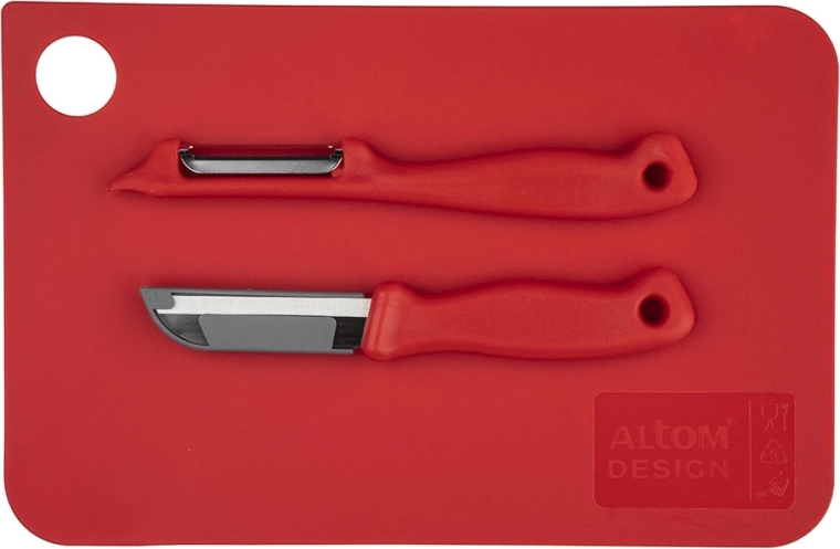 Tocător roșu 24 × 16 cm cu răzuitor și cuțit pentru legume 6 cm