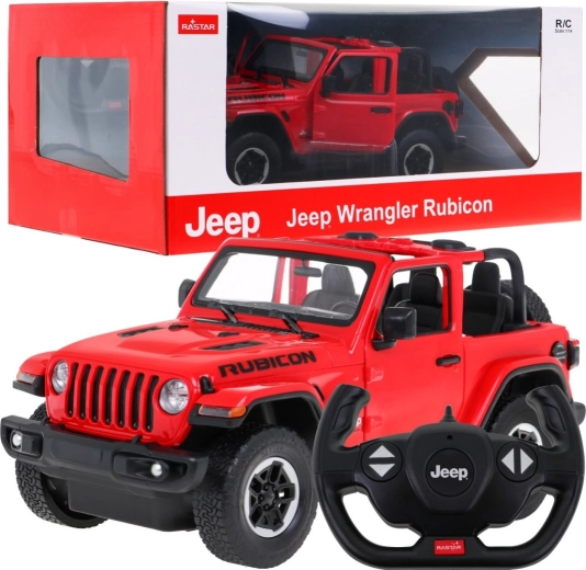 Mașină RC Rastar Jeep Wrangler Rubicon roșie, scară 1:14, cu telecomandă de 2,4 GHz