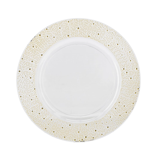 Suport decorativ rotund pentru farfurie 33 cm, transparent cu decor auriu