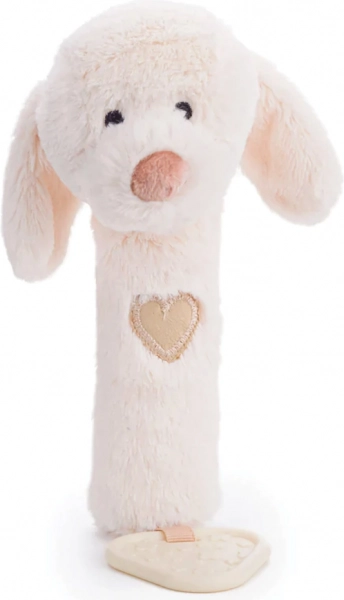 Bigjigs Baby zornăitoare 3‑în‑1 cățeluș cu pârâitoare și inel de dentiție