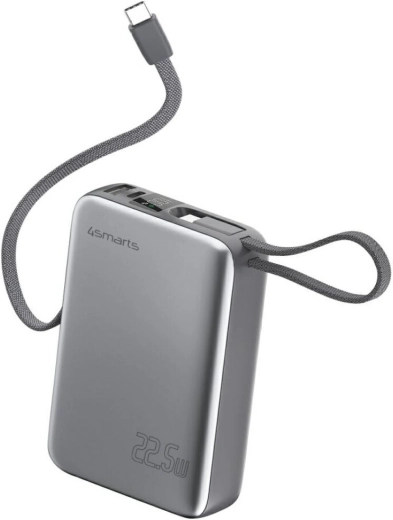 Baterie externă 4smarts Pocket Dual Cord 20000 mAh, 22,5 W, cu cablu USB‑C integrat 15 cm, gri
