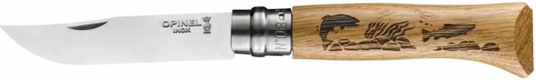 Opinel N°08 Inox Animalia cuțit de buzunar cu motiv pește, lemn de stejar, 8,5 cm