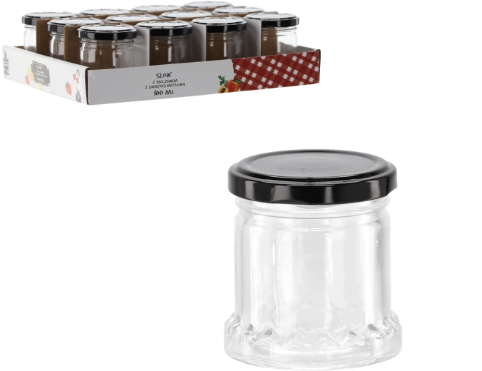 Borcan 100 ml cu relief și capac metalic negru