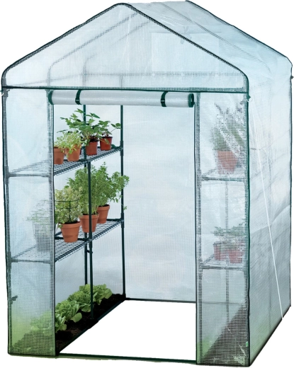 Seră de grădină tunel pentru legume cu rafturi pentru flori albă 140 x 140 x 200 cm