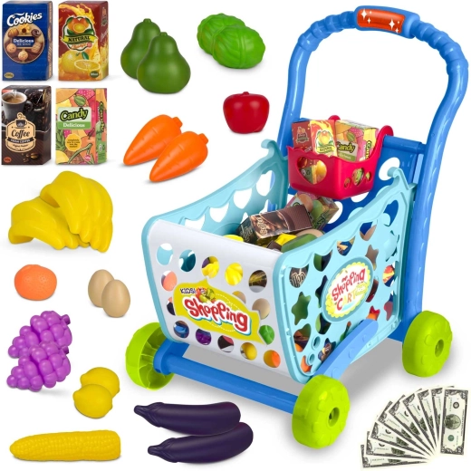 Cărucior de cumpărături pentru copii RICOKIDS 3în1 albastru cu lumină LED și accesorii