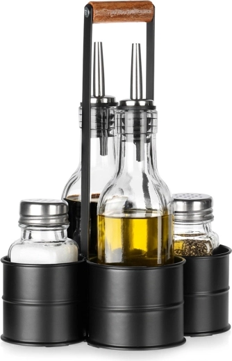 Set pentru ulei și oțet cu solniță și piper în suport, 5 piese
