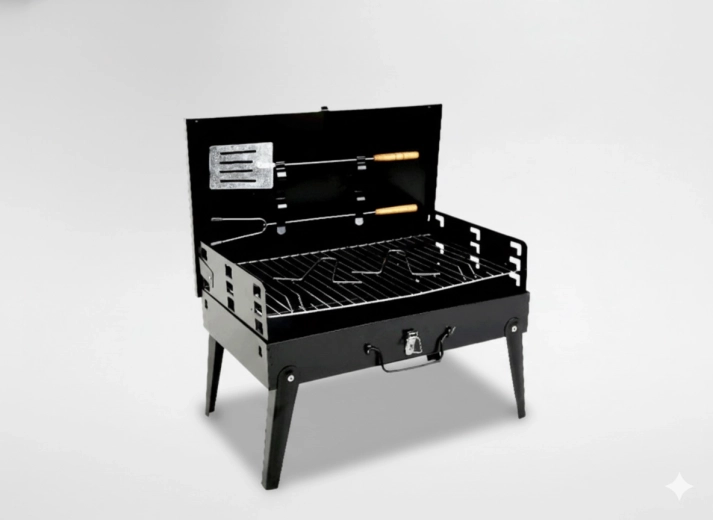 Grătar turistic pliabil în formă de servietă cu tacâmuri 43 × 26,5 × 46,5 cm