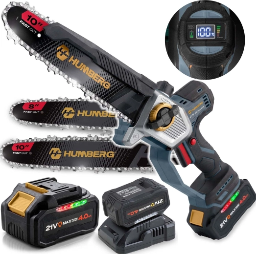 Fierăstrău cu lanț pentru toaletare (pe acumulator) Humberg HM-437 21 V 4,0 Ah (șine 8" și 10")