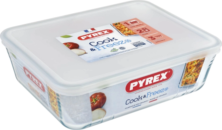Borcan din sticlă PYREX 2,6 l cu capac, 24 × 19 × 8 cm