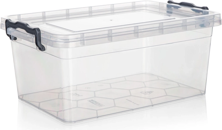 Cutie de depozitare GEMA 9 l cu capac și cleme, transparentă
