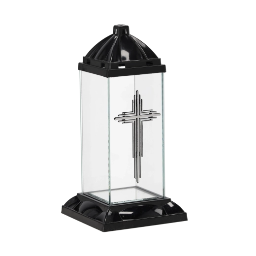 Felinar funerar pătrat cu cruce, negru, 32 cm