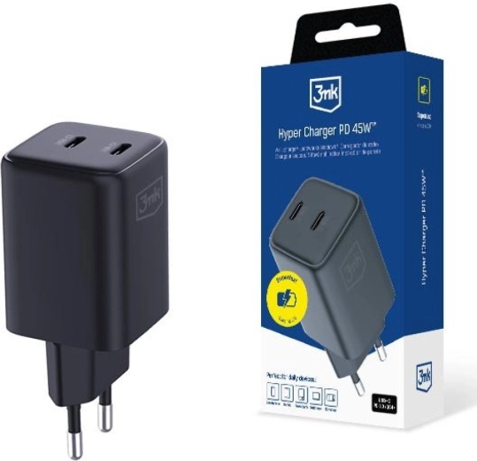 Încărcător de rețea 3mk Hyper Charger GaN 45 W cu 2 USB-C, negru