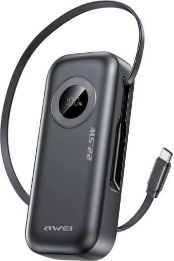 Powerbankă Awei PA-9 10 000 mAh 22,5 W cu cablu USB-C integrat negru