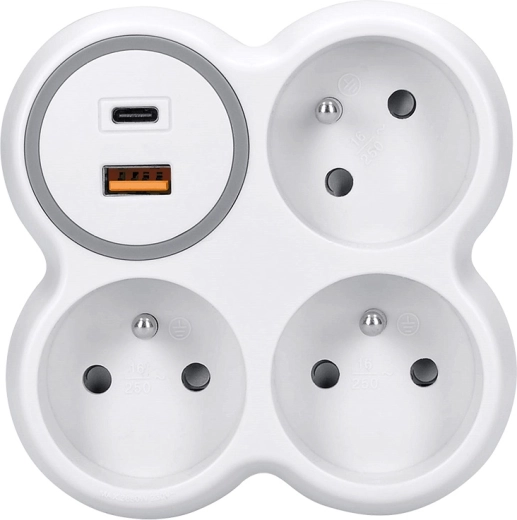 Solight splitter pentru priză 3× 16 A cu încărcare rapidă USB-A și USB-C PD 20 W alb-gri
