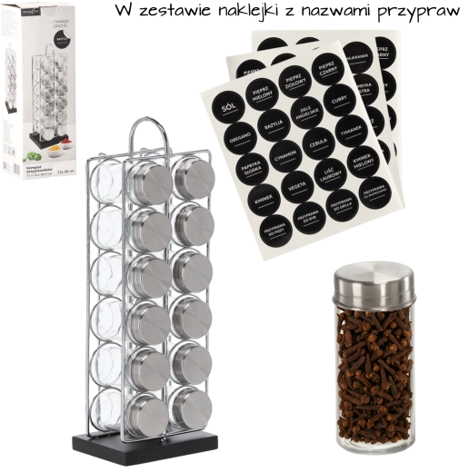 Suport dreptunghiular pentru condimente cu mâner, 12 borcane din sticlă, argintiu‑negru