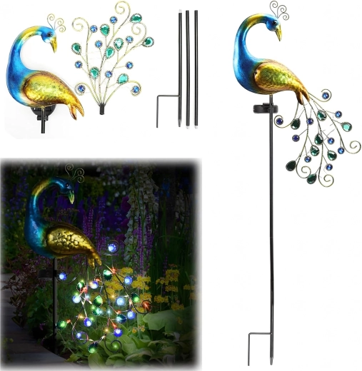 Lampă solară de grădină în formă de păun, cu țăruș