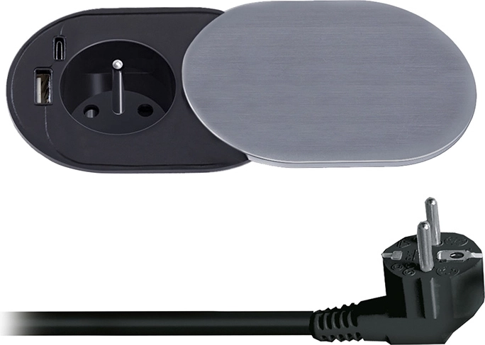 Priză încastrabilă Solight 230 V cu USB-A și USB-C PD 20 W, cu capac glisant, 2 m, argintie