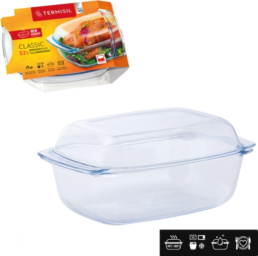 Tavă dreptunghiulară de sticlă termorezistentă cu capac 5,2 l