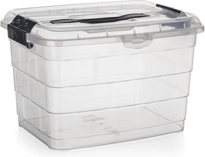 Cutie de depozitare cu capac și mâner 14 l VILARD – transparentă cu cleme fumurii