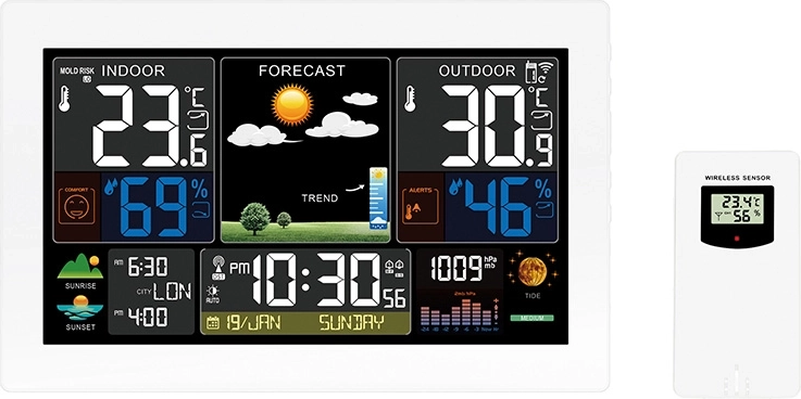 Stație meteo Solight cu afișaj LCD color extra mare, măsurare temperatură, umiditate și presiune, RCC și încărcare USB, albă