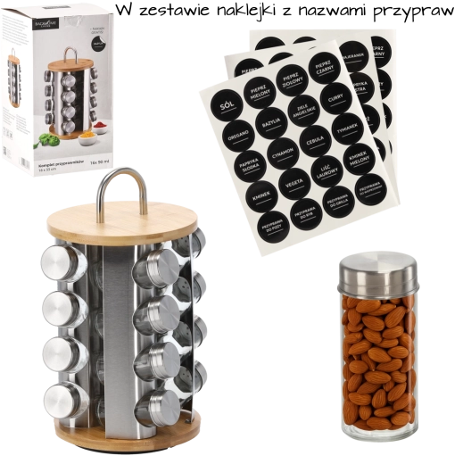 Suport rotativ rotund pentru condimente cu mâner, 16 borcănașe de sticlă, bambus‑argintiu, 18 × 33 cm