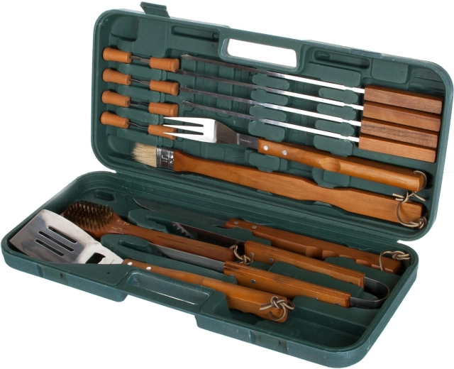 Set de ustensile pentru grătar din inox cu mânere din lemn, 18 piese în geantă
