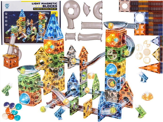 Set de construcție magnetic cu pistă pentru bile și elemente luminoase – 174 piese