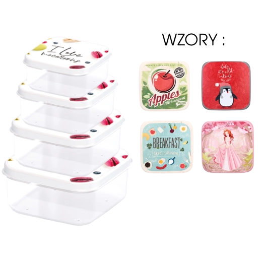 Set de 4 caserole pătrate pentru alimente cu capace colorate pentru copii