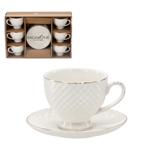 Set de 6 cești reliefate cu farfurioare 250 ml cu dunguță decorativă aurie