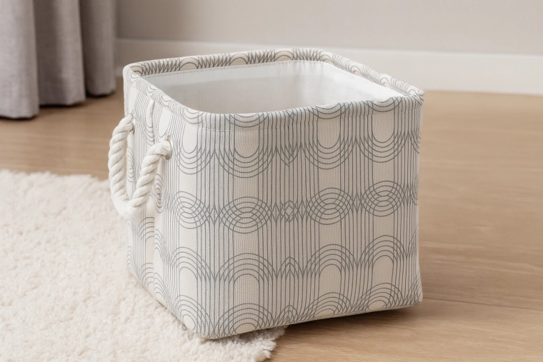 Coș textil pliabil pătrat cu mânere din sfoară, model geometric, 22 × 22 × 20 cm