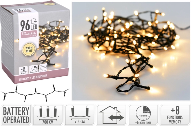 Iluminat LED de Crăciun 7 m, 96 LED, alb cald, 8 funcții, IP44