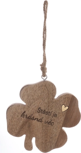 Decorațiune din lemn trifoi cu patru foi norocos, maro, 10 cm