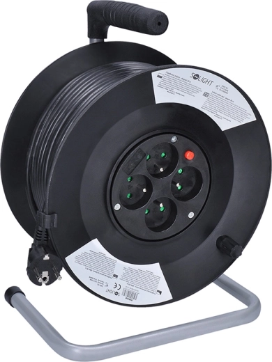 Prelungitor Solight pe tambur cu 4 prize, 50 m, cablu negru