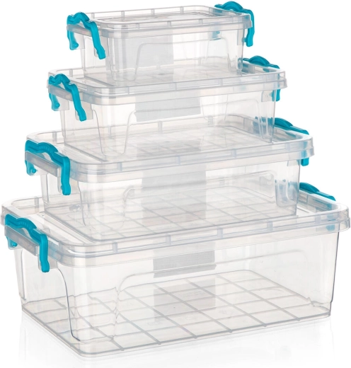 Set de cutii de depozitare GEMA, 4 bucăți, cu cleme turcoaz, transparente