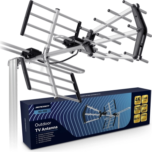 Antena TV direcțională de exterior BERDSEN pentru DVB-T/T2, 4K Ultra HD, VHF/UHF, filtru LTE, rază 80 km