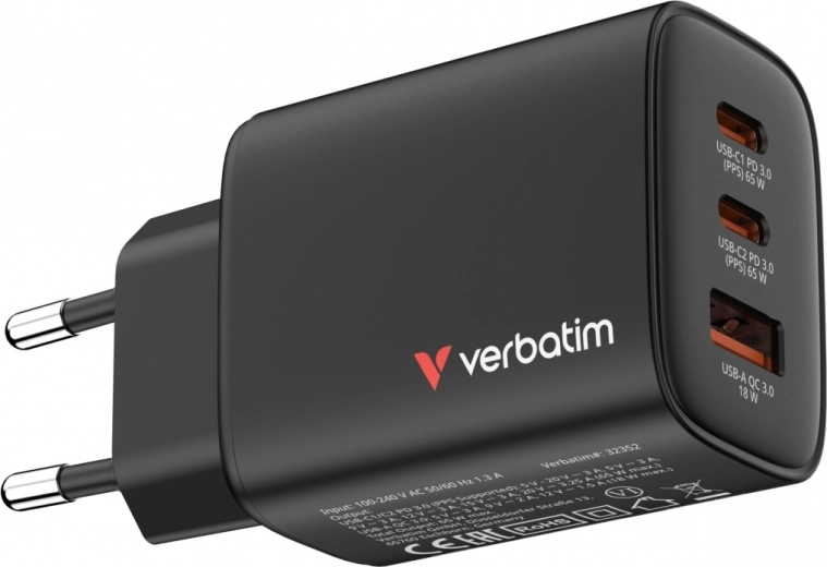 Încărcător de rețea Verbatim Essentials GaN 65 W (2× USB-C, 1× USB-A, PD 3.0/QC 3.0) – UE