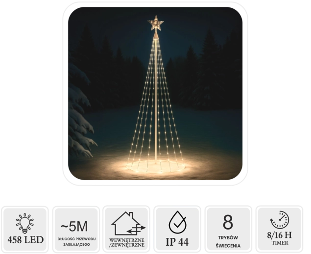 Brad de Crăciun conic LED cu stea, 3 m, 458 LED, alb cald, interior/exterior