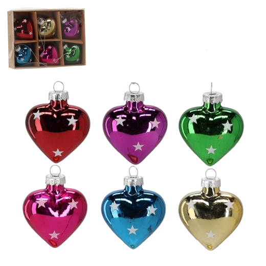 Set de 6 ornamente de Crăciun din sticlă în formă de inimă