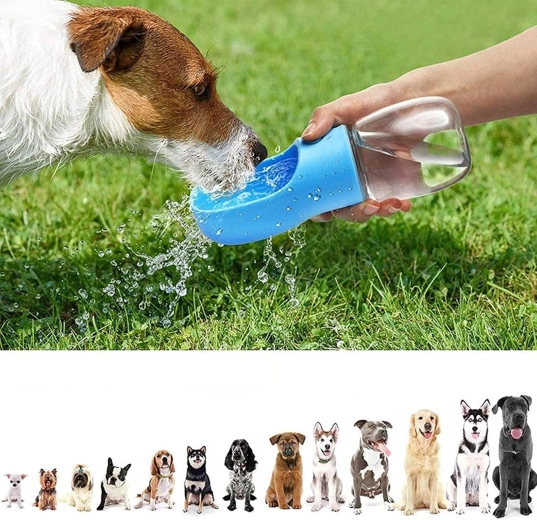 Sticlă portabilă de apă pentru câine și pisică, cu bol integrat, 350 ml
