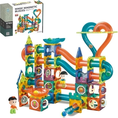 Set de construcție magnetic cu pistă pentru bile, 188 de piese