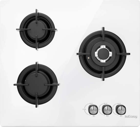 Plită pe gaz ISEASY cu panou din sticlă, 3 arzătoare, albă