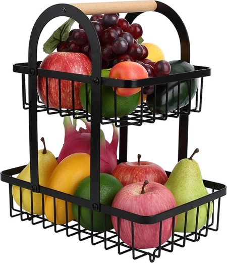 Coș metalic cu două niveluri pentru fructe, cu mâner din lemn - 1 bucată