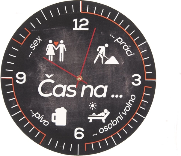 Ceas de perete din material cu aspect de lemn, cu inscripția „Timp pentru…”, 34 cm