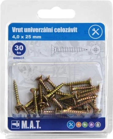 Șurub universal cu filet complet 4,0 × 25 mm, zincat (30 buc)