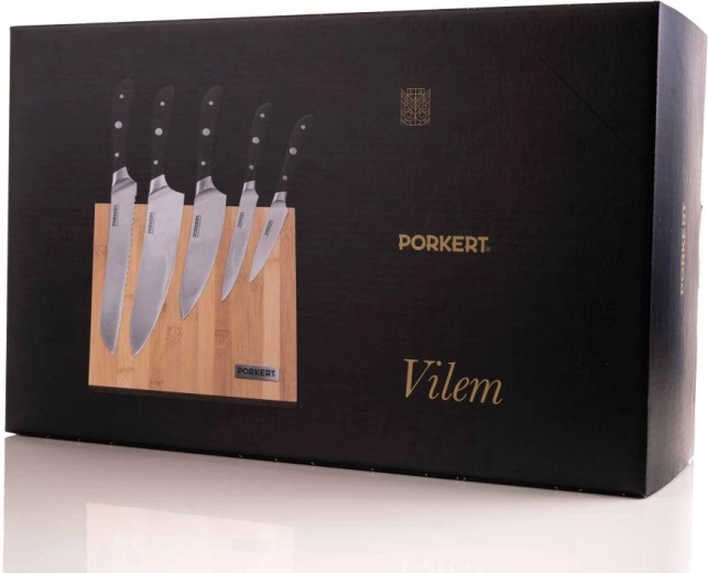 Set de cuțite de bucătărie Vilem, 5 piese, cu bloc magnetic din bambus